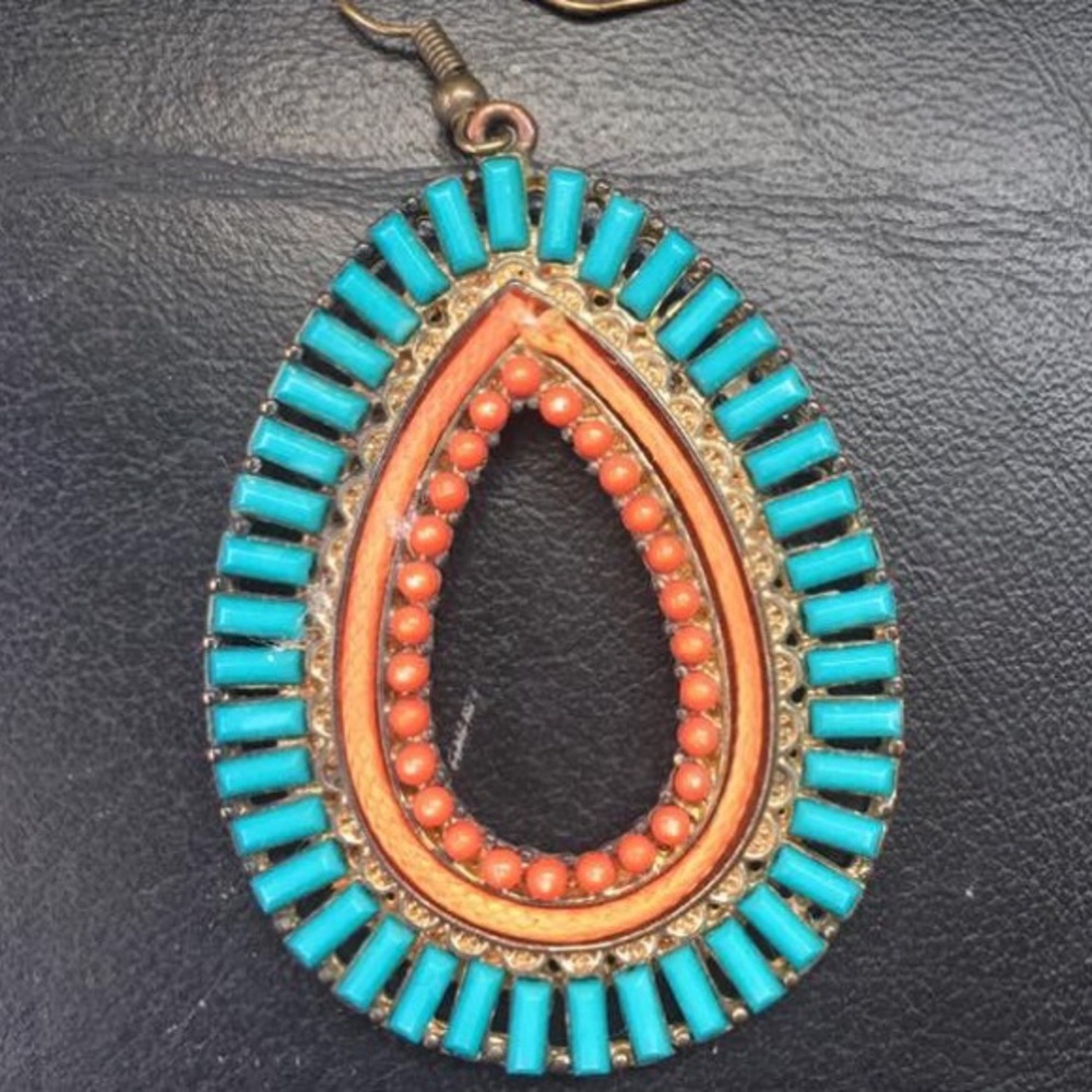 ISO turquoise orange teardrop shape dangle earring